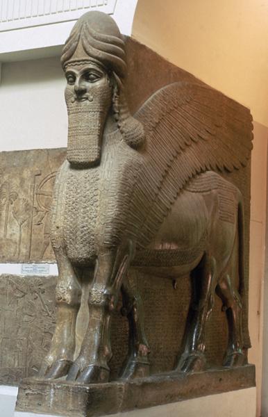 This winged bull with five legs stood guard before the palace of an Assyrian king. Like other societies in Mesopotamia, the Assyrians dug canals to irrigate their land and keep it fertile for farming.