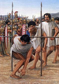 The Samnites, in 321,lure the Romans into a trap at the Caudine Forks and force them to walk under the yoke.