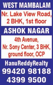 MAHALINGAPURAM, Madhavan Nair Road, 950 sq.ft, UDS 780 sq.ft, 2 bedrooms, hall, kitchen, price Rs. 90 lakhs, cash parties only. Ph: 78715 61002.