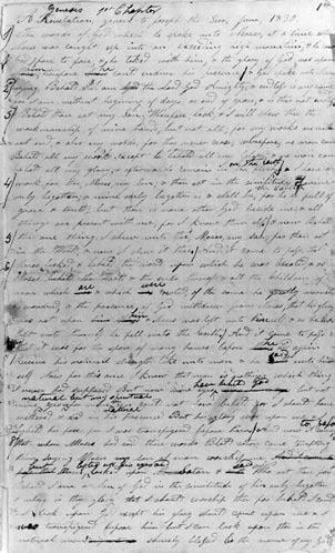 The Joseph Smith Translation of Genesis (Moses 1), handwriting of John Whitmer; note subsequent corrections in handwriting