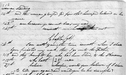 Two pages from the original Joseph Smith Translation (JST) manuscripts showing Joseph Smith s changes to important New Testament passages.