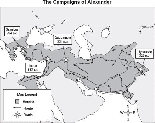 49 According to this map, which battle took place last? A Gaugamela B Granicus C Issus D Hydaspes 50 Which accomplishment is associated with Alexander the Great?