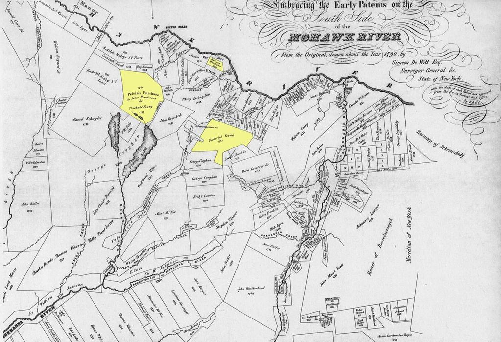 Map of some of the Major Purchases in the Canajoharie District: Marked in yellow on the left is the Theobald Young Patent (owned largely by Theobald and his sons), and to the right the Frederick