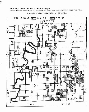 This map depicts the settlement of the land in southwestern Cooper County for two successive periods: 1818-24 and 1825-29. In general, the early settlers stayed out of the river and creek bottoms.