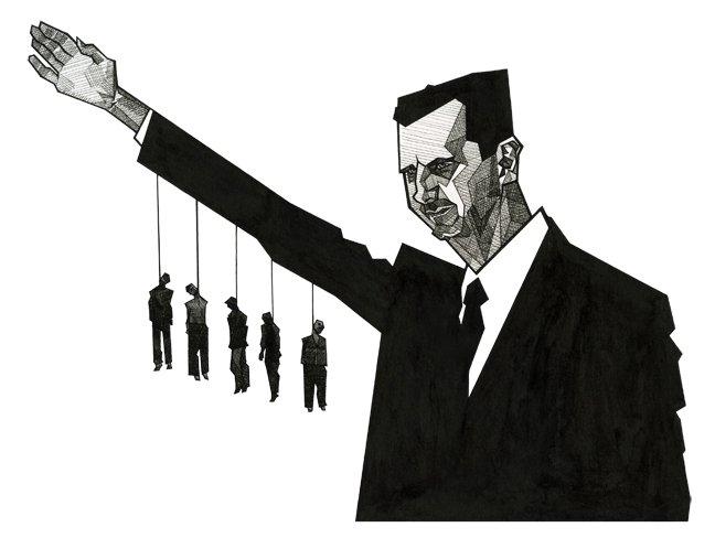 President al-assad with five dead men hanging