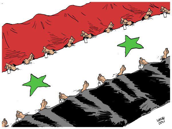 Latuff has been an active portrayer of the events of the Arab awakening, and here shows the red and black bands of the Syrian flag as the mortuary cover for two