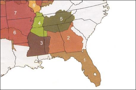 Map 1: Land occupied by Southeastern Tribes, 1820s. Key: 1. Seminole 2. Creek 3. Choctaw 4. Chickasaw 5. Cherokee 6. Quapaw 7. Osage 8.