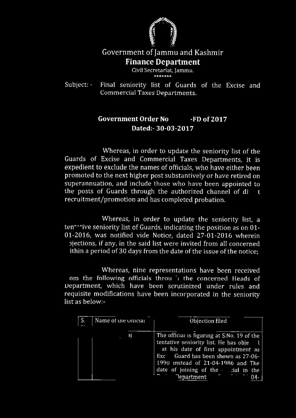 Subject: - Government of Jammu and Kashmir Finance Department Civil Secretariat, Jammu. ******* Final seniority list of Guards of the Excise and Commercial Taxes Departments. Government Order No.