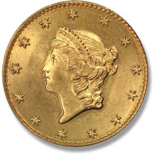 It was produced until 1889 and is 90% pure gold, and 10% copper. This image is courtesy of Wikimedia Commons. The seated Liberty Dollar is made of silver.