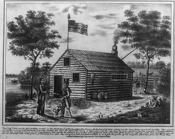 The posters presented Harrison as a humble Ohio farmer born in a log cabin. A piece of campaign literature showing the log cabin that was supposed to be the birthplace of William Henry Harrison.