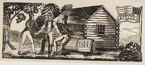 In 1840 a huge voter turnout gave Harrison a sweeping victory. An untitled woodcut, bold in design, apparently created for use on broadsides or banners during the Whigs' "log cabin" campaign of 1840.