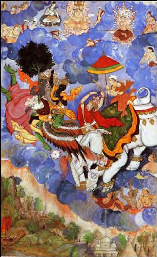ART_Mughal Empire_SUBJECT This painting, depicting aerial combat between Krishna and Indra, is from a Mughal court in Agra or Lahore.