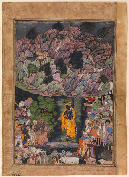 ART_Mughal Empire_SUBJECT In this manuscript, Krishna, with traditional blue skin is holding the mountain to protect the villagers from the storm of Indra.
