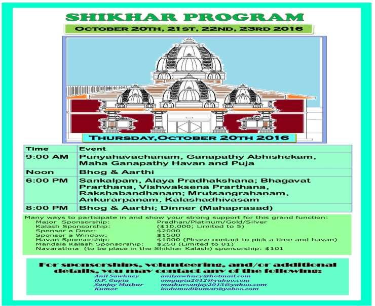 ABHISHEKAM SCHEDULE (Suggested Sponsorship $31) Sri Ganesha Every Monday & 10:00am Sankata Hara Chaturthi 6:00/6:30pm Sri Venkateshwara & Sri Padmavathi 1 st Sat 10:00 am Sri Ram Parivar & Sunderkand