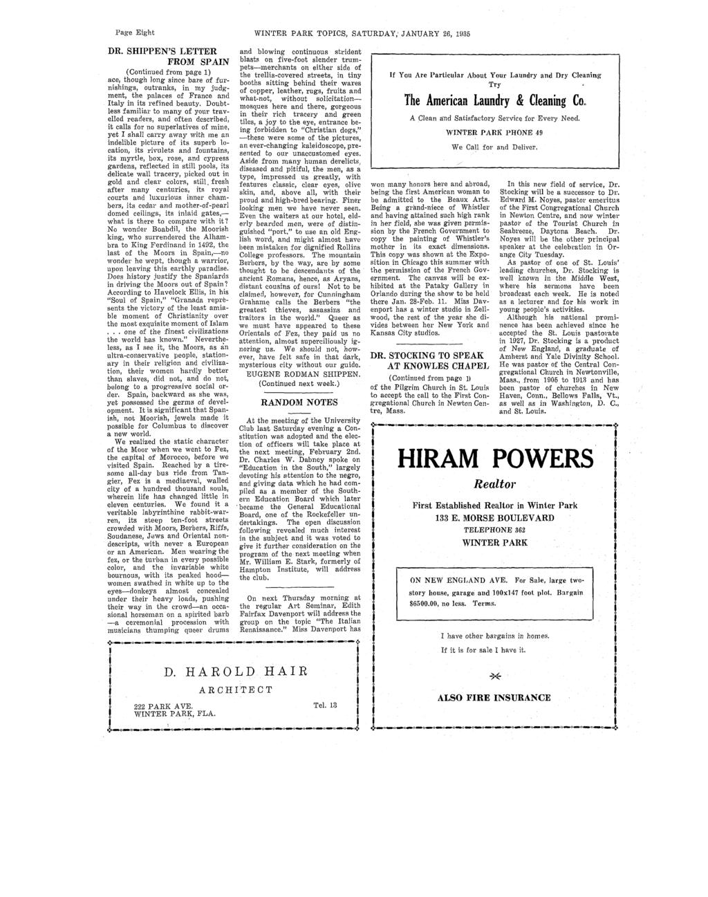 Page Eght WNTER PARK TOPCS, SATURDAY; JANUARY 26, 1935 DR.