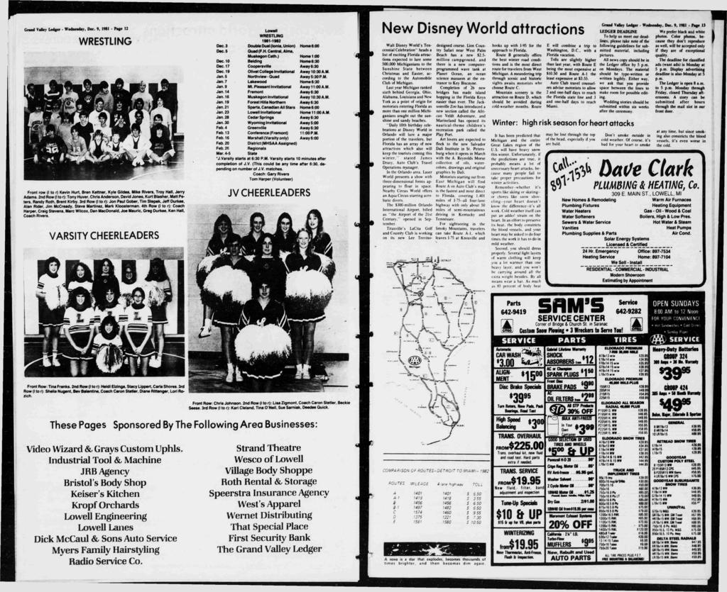 Gr Valkv Ledger Wedneaday. Dec. 9. 1981 Page 12 WRESTLNG f Front row ( to r) Kevn Hurt, Bren Kettner. Kyle Gdee, Mke Rvers, Troy Ha, Jerry Adams.
