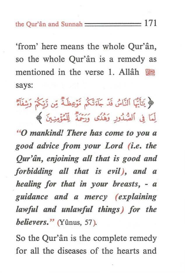 the Qur'iin and Sunnah ====== 171 'from' here means the whole Qur'an, so the whole Qur'an is a remedy as mentioned in the verse 1. Allah ~ says: -;fu,' t'.~.. ~-~ ~.--, ~ >l.'::j1 (~\ ).