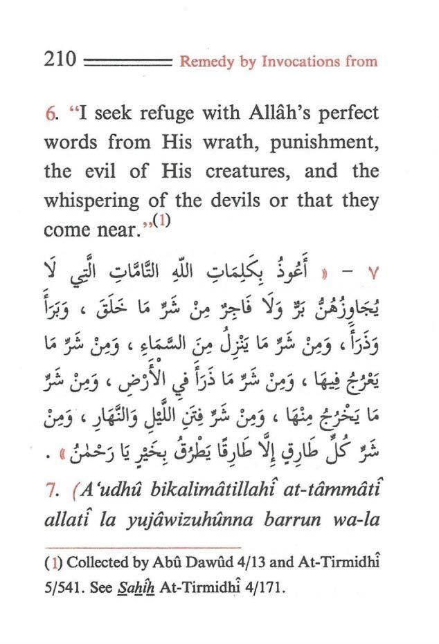 210 ==== Remedy by Invocations from 6. "I seek refuge with Allah's perfect words from His wrath, punishment, the evil of His creatures, and the whispering of the devils or that they come near.