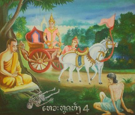 Slide 14 Aged Person Sick Person Dead Body Ascetic The Four Passing Sites Picture of a painting in a Laotian