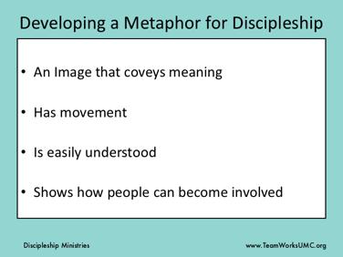 Congregations have used metaphors as a way to picture what the discipleship process looks like. A metaphor is an image that coveys meaning.