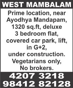 ft, 1 st floor, rent Rs. 10000, no brokers. Ph: 9840044279. WEST MAMBALAM, Subramaniam Street, near Indian Bank, 1 bedroom, hall, kitchen, 24 hours water, 2-wheeler parking, rent Rs.