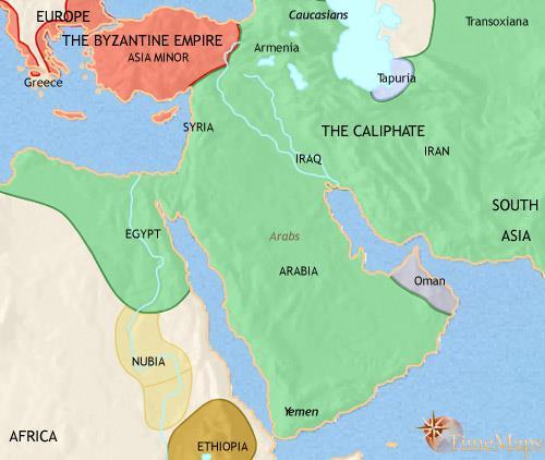 The Islamic Caliphate 635 AD. After this time Islamic rule expanded, but included this area until 1920 after the First World War.