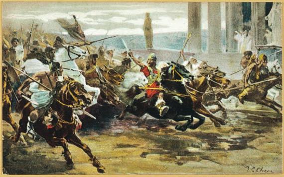 An image showing the Visigoths invading Rome. What leader did the Visigoths overthrow to take control of Rome? sailed to Italy. In A.D. 455 they entered Rome.