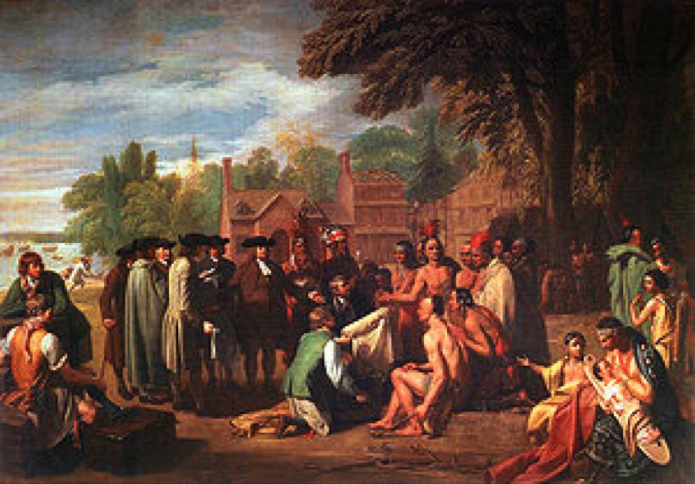 BENJAMIN WEST TREATY PORTRAIT Penn's Treaty with the Indians, painted in England by Benjamin West, 1771, and displayed at the Pennsylvania Academy of Fine Arts, Philadelphia. (75 by 108 inches.