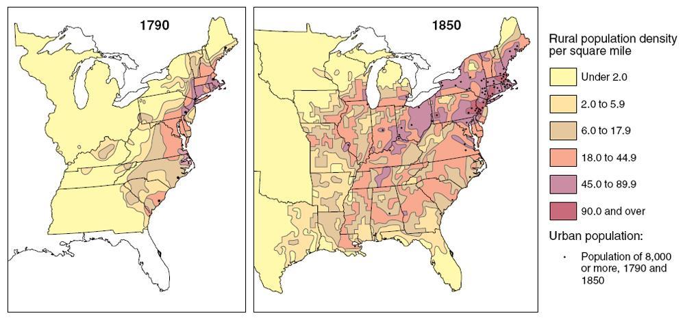 Population Distribution, 1790 and 1850 By 1850, high population density characterized parts of