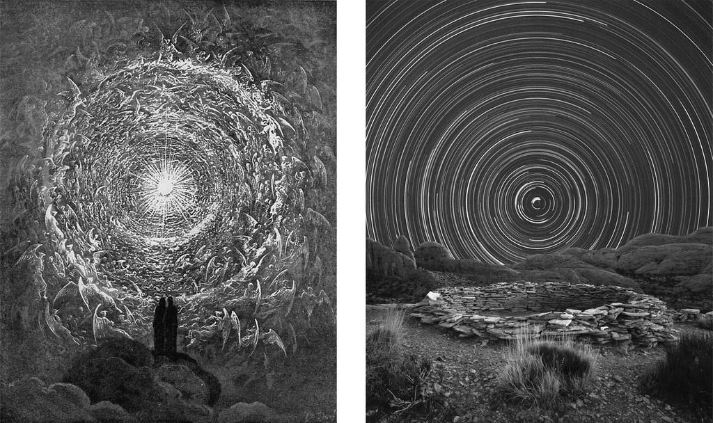 Left, White Rose by Gustave Doré, illustration for Dante's Divine Comedy, Paradiso; Right, Mountain-top Native American vision quest site (also called a medicine wheel or prayer circle), with