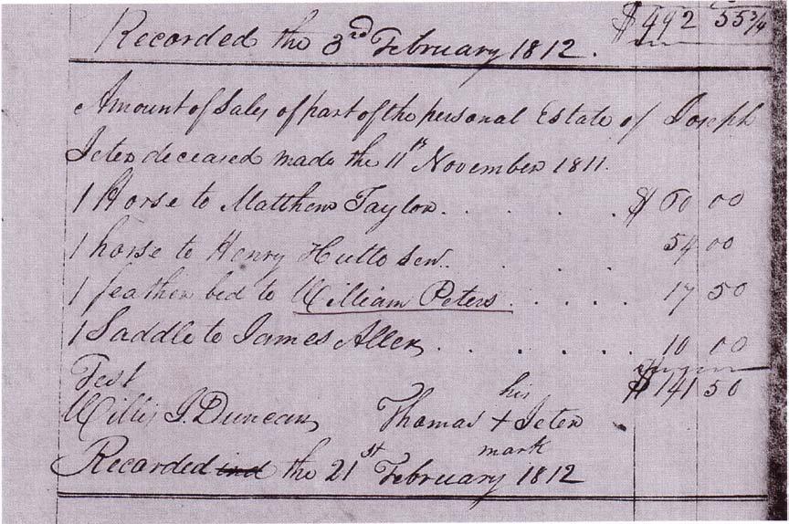 Pg 3/16 In the document below, William Peters is shown purchasing a feather bed on 21 Feb 1812, from the estate of Joseph Jeter, deceased.