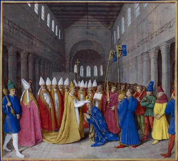 Charlemagne Coronation (centuries later) Rome, Christmas Day, 800 AD: Pope Leo III crowns Charlemagne emperor and Augustus Pope Leo III under attack Asserting independence from Byzantines Lombard