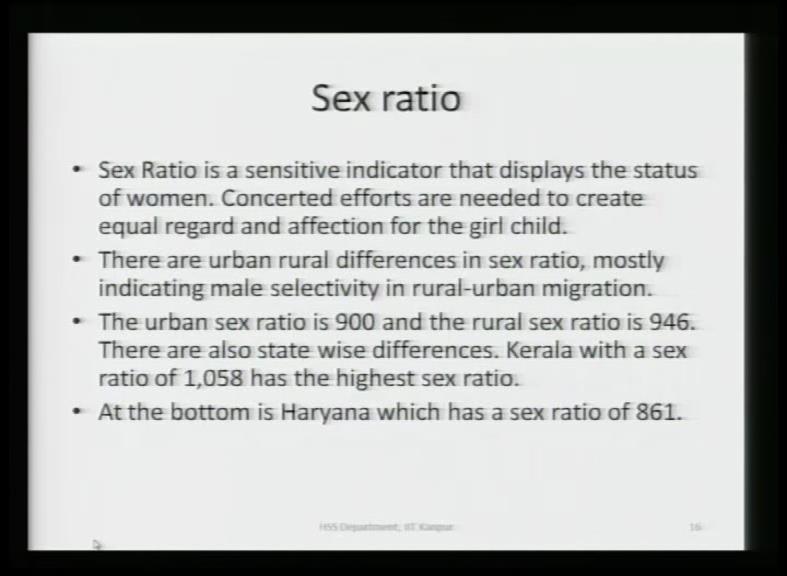 (Refer Slide Time: 45:08) Sex ratio is a sensitive indicator that displays the status of women. And, concerted efforts are needed to create equal regard and affection for the girl child.