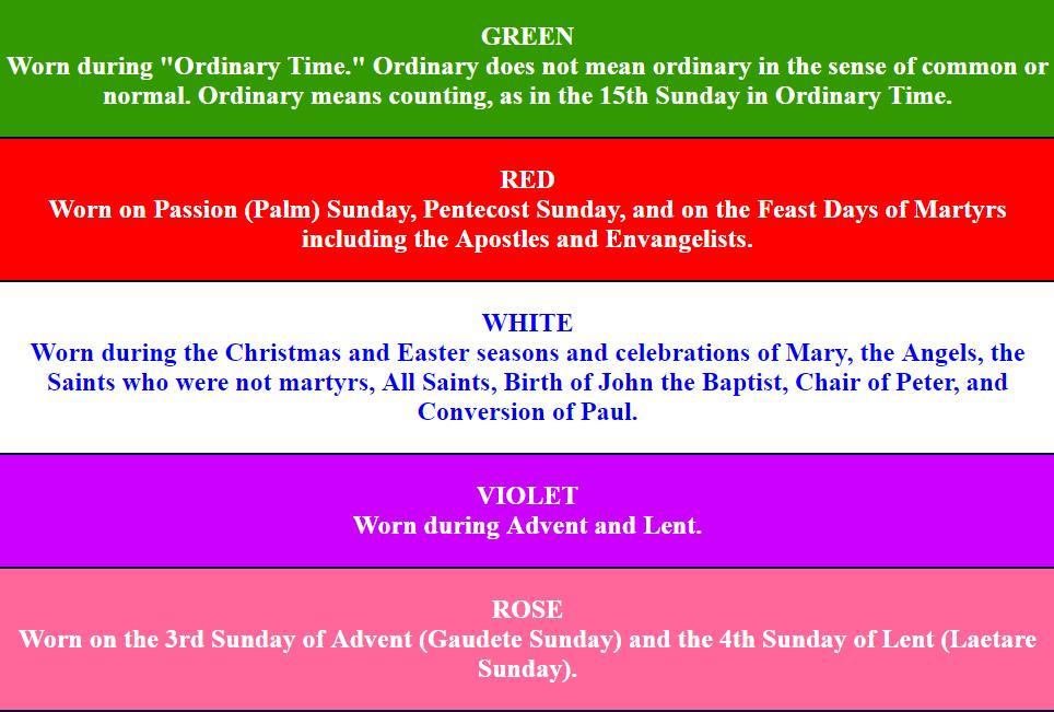 LITURGICAL COLORS Worn during the Christmas and Easter seasons and celebrations of Mary, the Angles, the Saints who were