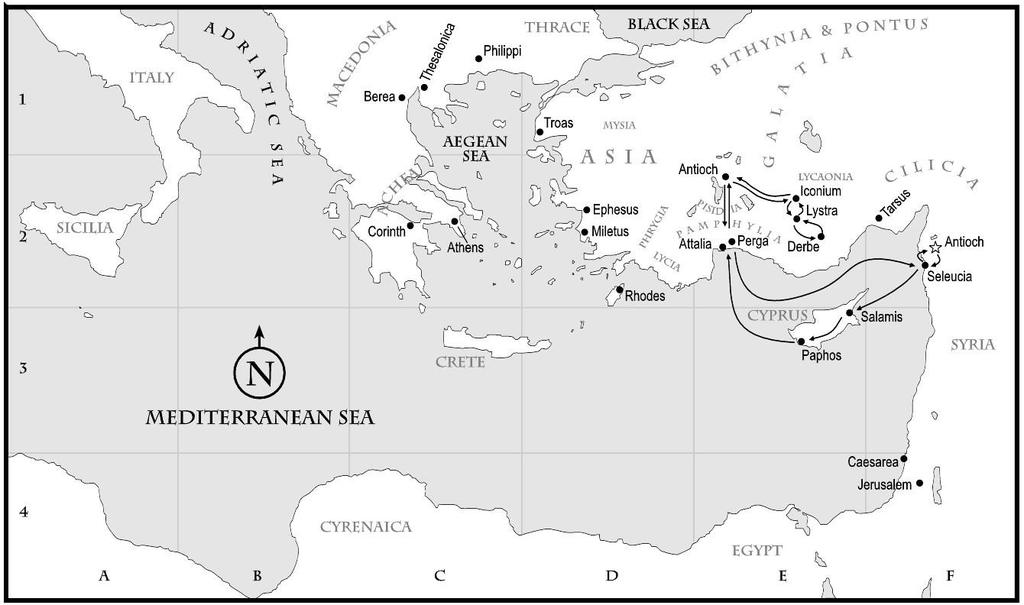 southern Galatian region: Perga (where John Mark leaves them), Pisidian Antioch, Iconium, Lycaonia, Lystra (perhaps where Timothy was converted), and Derbe (perhaps where Titus was converted) (Acts
