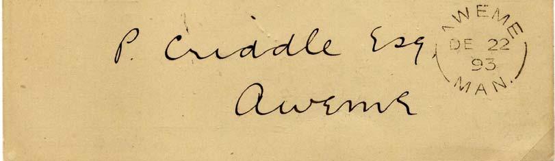 Early example DE 22, 1893 : to Percy Criddle, Aweme, Man.