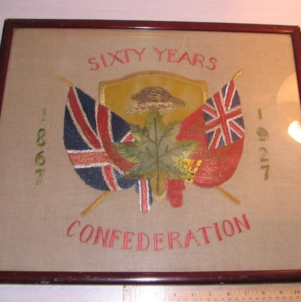 To celebrate the 150 th anniversary of Confederation special items from the archives will be displayed at the cabin, such as the embroidery below produced in 1927 to celebrate the 60 th anniversary