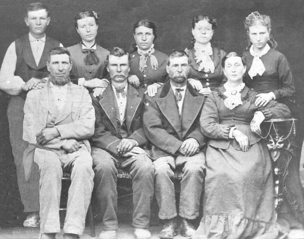 The William Burgess Family Back row: William Harrison, Juliett, Mary Harriet, Vilate and Annette Front row: William Sr., Wilmer, James and Mariah Pulsipher Burgess Huntington canyon.