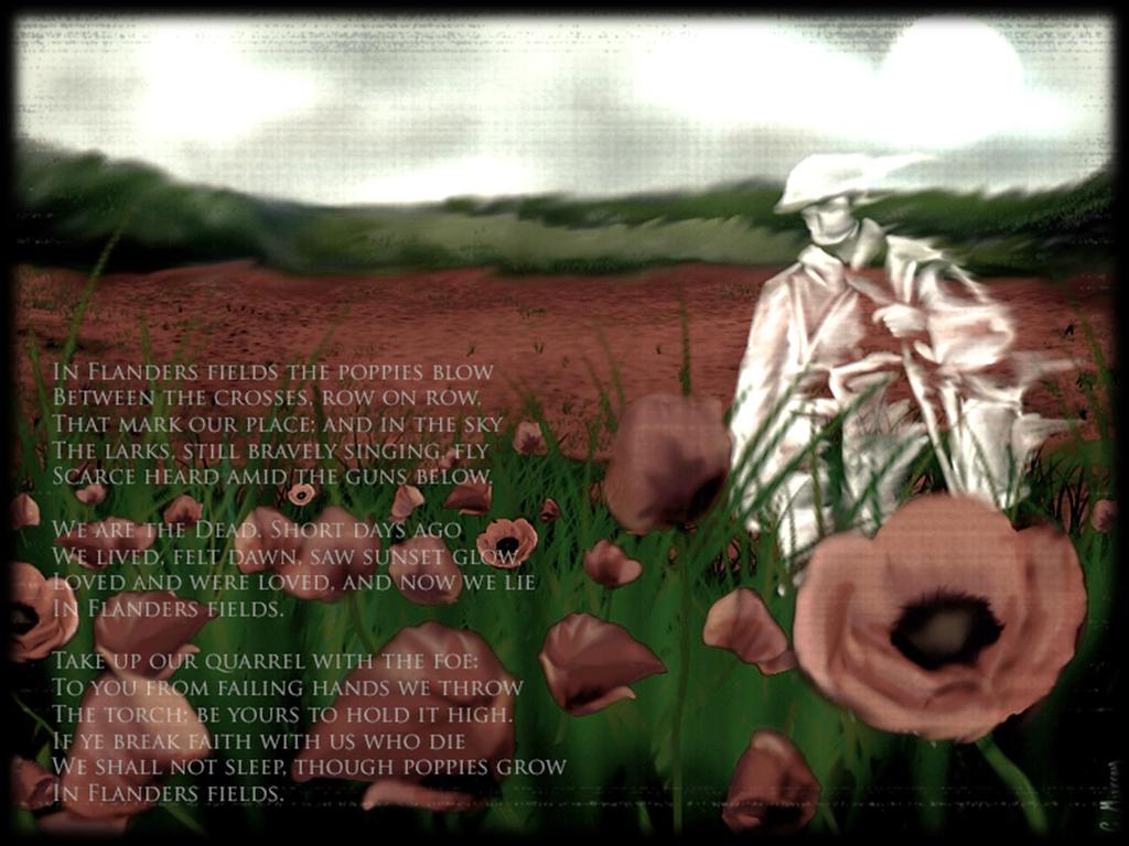 IN FLANDERS FIELDS THE POPPIES BLOW BETWEEN THE CROSSES, ROW ON ROW, THAT MARK OUR PLACE: AND IN THE SKY THE LARKS STILL BRAVELY SINGING FLY SCARCE HEARD AMID THE GUNS BELOW.
