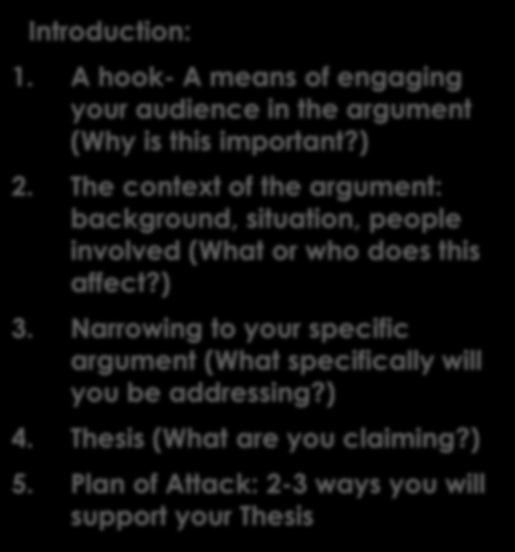 8. Write Your Introduction 9. Write a Counter-Claim Paragraph Introduction: 1. A hook- A means of engaging your audience in the argument (Why is this important?) 2.