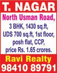 Ph: 2371 2229. WEST MAMBALAM, 13/ 23, Vasudevapuram Street, 2 bedrooms, hall, kitchen, 1 st floor house, 2-wheeler parking, Brahmins only, no brokers. Ph: 9445862886, 24817447. C.I.T. NAGAR (West), 36, West Road, 2 bedrooms, hall, kitchen, 2 bathrooms, rent Rs.