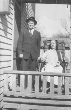 Louisa Catherine Jenkins Finley Wilson, Grandma Wilson (1863-1954) and son Walter Horace Finley (1888-1972), ca 1952 in southwest Missouri.