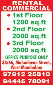 NAGAR, Anandhan Street, opp. Murugan Idly Shop, 2 bedrooms, hall, kitchen, 750 sq.ft, recently renovated, 2-wheeler parking, price Rs. 57 lakhs (negotiable). Ph: 99620 78120.