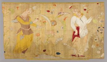 Safavid dynasty in Iran (1501-1722 CE). In this panel, two elegantly clad females participate in the popular pastime of falconry.