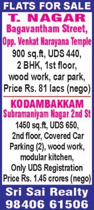 m on Friday. KODAMBAKKAM, Aziz Nagar 1 st Street, near Ragavendra Kalyana Mandapam, 2 bedrooms, 600 sq.ft, ground floor flat, price Rs. 38 lakhs (negotiable), no brokers. Ph: 94453 21433, 90421 29528.