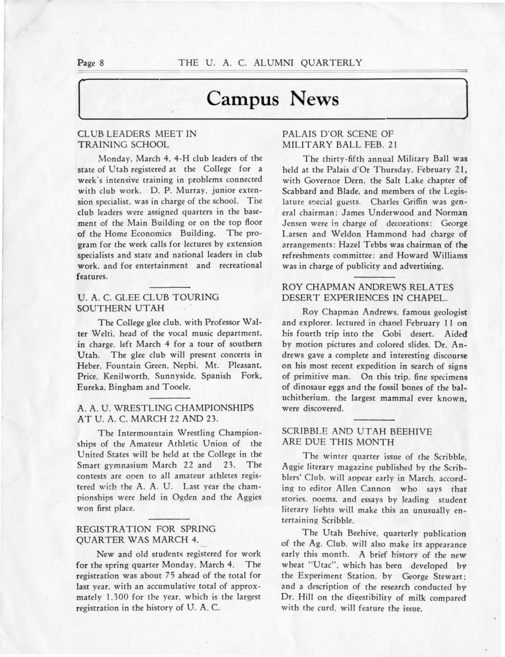 Page 8 THE U. A. C. ALUMN QUARTERLY ----,,----,,,c-=--=== ~~=---=-~--===~========= [ Campus News J CLUB LEADERS MEET N TRAN!