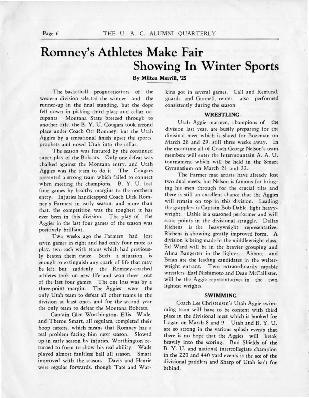 Page 6 THE U. A. C. ALUMN QUARTERLY Romney's Athletes Make Far Show1.