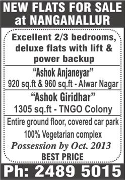 25, Govindan Road, behind Annamalai Hospital, 2 bedrooms, hall, kitchen, 850 sq.ft, 1 st floor, Hindu family, no brokers. Ph: 98841 07927, 91768 74885. T. NAGAR, New No. 5, Flat No.