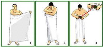 How to put on the Ihram 1) Cloth with left hand longer than