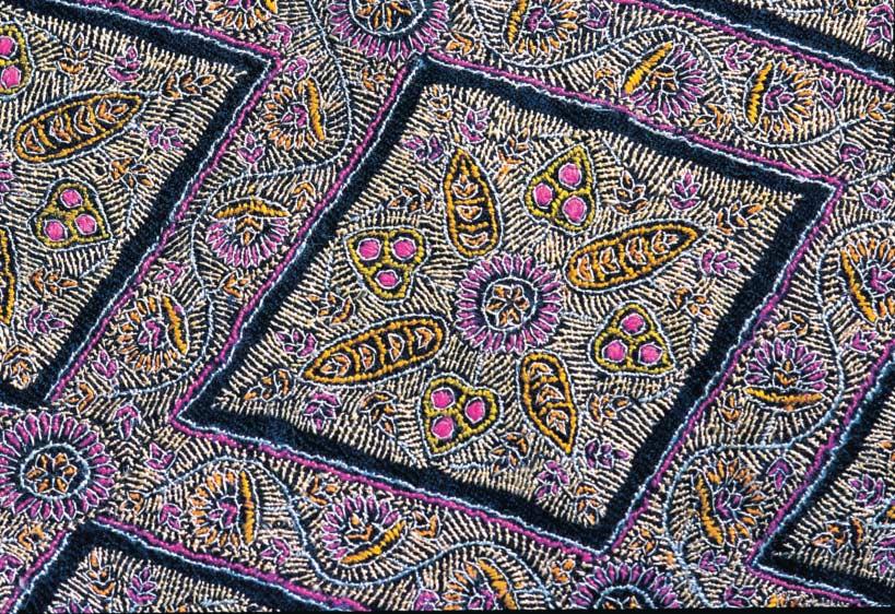 0 Embroidery fills a diamond-pattern frame with floral designs on a one-by-two-meter jamawar shawl of pashmina wool from Srinigar, Kashmir.